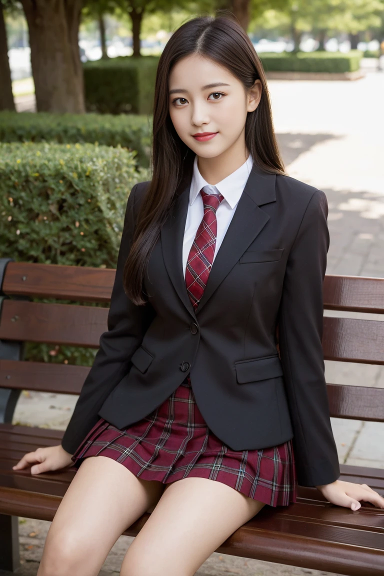 (8K), (highest quality: 1.2), (realistic), (realistic: 1.37), ultra high resolution, 1 girl, cute, smile, closed mouth, beautiful details, beautiful nose, black straight silky hair, giant dulcefo, pork, thighs,self snap,University Student Uniform,sunny day,I can see the sea,sit on a bench in the park,(Simple light brown blazer 1),(dark brown pleated skirt),dark red tie,(The pattern of the skirt and tie is a tartan check pattern...:1.3),ニーハイタイツ