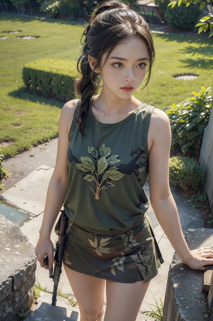 (((best quality))),(((ultra detailed))),(((masterpiece))),illustration,((1girl,sniper,solo)),summer,heat,hair tied back,short ponytail,green camouflage tank top,mini-skirt,shrubbery,sweat,forehead,intent,focused,determined,expression,sun,shadows,discipline,precision,leaves rustling,breeze,bird chirps,insect buzzes,isolation,task,attire,functional,eye-catching,camouflage pattern,blend,foliage,makeup,anonymity,scenery,ghost,calm,collect,rifle steadied,bipod,presence,formidable force,hunter,wild,silent guardian,shadows,vigilant,watchful,essence, Hunter hidden in plain sight
