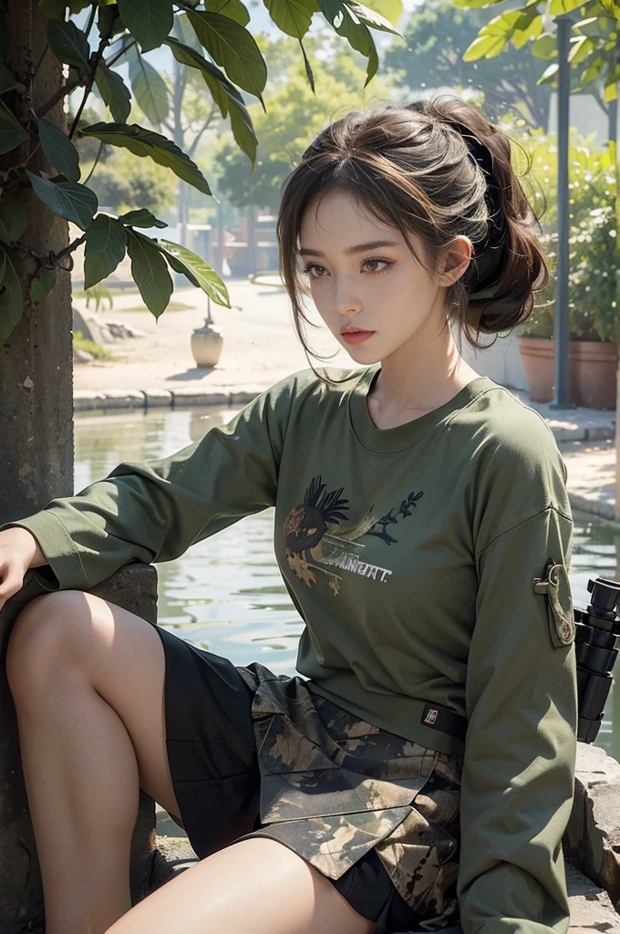 (((best quality))),(((ultra detailed))),(((masterpiece))),illustration,((1girl,sniper,solo)),summer,heat,hair tied back,short ponytail,green camouflage tank top,mini-skirt,shrubbery,sweat,forehead,intent,focused,determined,expression,sun,shadows,discipline,precision,leaves rustling,breeze,bird chirps,insect buzzes,isolation,task,attire,functional,eye-catching,camouflage pattern,blend,foliage,makeup,anonymity,scenery,ghost,calm,collect,rifle steadied,bipod,presence,formidable force,hunter,wild,silent guardian,shadows,vigilant,watchful,essence, Hunter hidden in plain sight