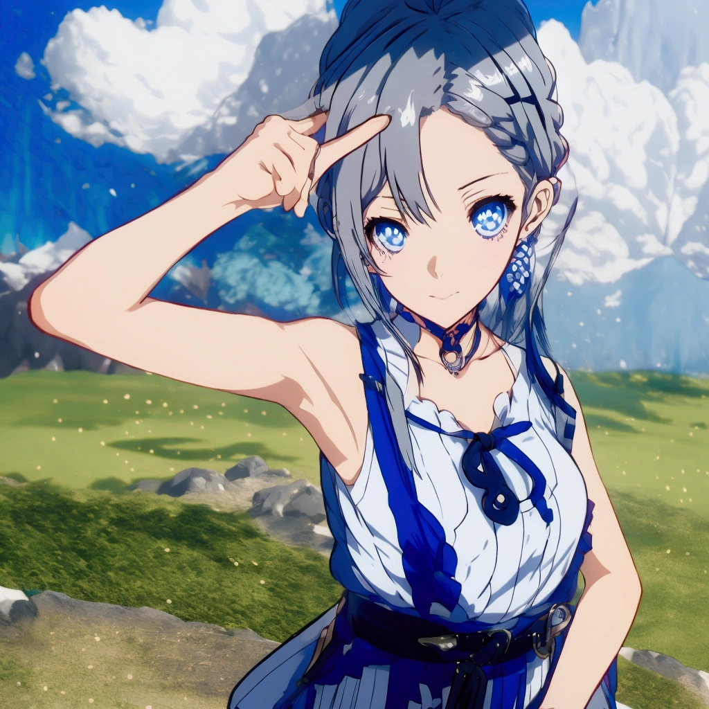 Anime girl with gray hair and blue clothes pointing at something, Realistic Anime 3D Style, Cute 3D anime girl render, Realistic young anime girl, Anime Style3D, Anime Style, Realistic anime art style, Anime Styleに, , Semi-realistic anime style, Smooth anime CG art, April Rendering, Photorealistic anime girl rendering