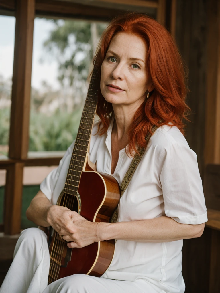 portrait, her name is Mia, high quality, 1 old woman, ((40-year-old guitar shaped body irish woman)), (((40 years old))), ((guitar shaped body)), wide hips, (wrinkled body), (old body), (((red hair))), (pale skin), ((green eyes)), she is wearing a stylish fashionable generation z clothing different colors, dynamic pose, BREAK, BACKGROUND: indoor: San Diego Zoo