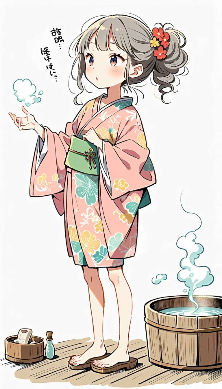 white background, Fujichoco style, kimono, (((The Most Beautiful Girl))), gray hair, ((Spa, sauna)), simple background, Simple line initialism, full body,