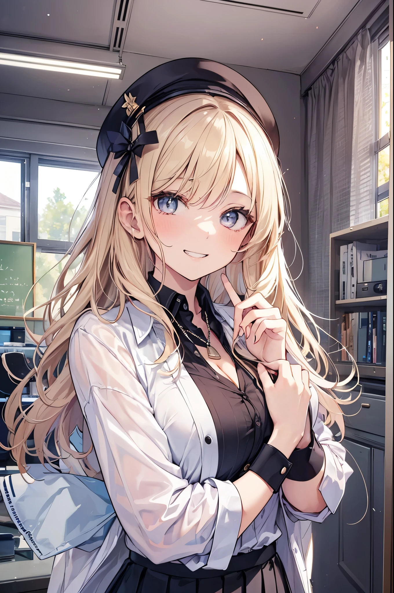 (masterpiece、Highest quality、Very detailed))、One Girl、Improve、blonde、Long Hair、Wavy Hair、Grey Eyes、Wicked Smile、((Grin))、((Very large breasts))、((White collared shirt))、necklace、Cleavage、nail、((Black pleated skirt))、((Micro Mini Skirt))、Cowboy Shot、Classroom Background