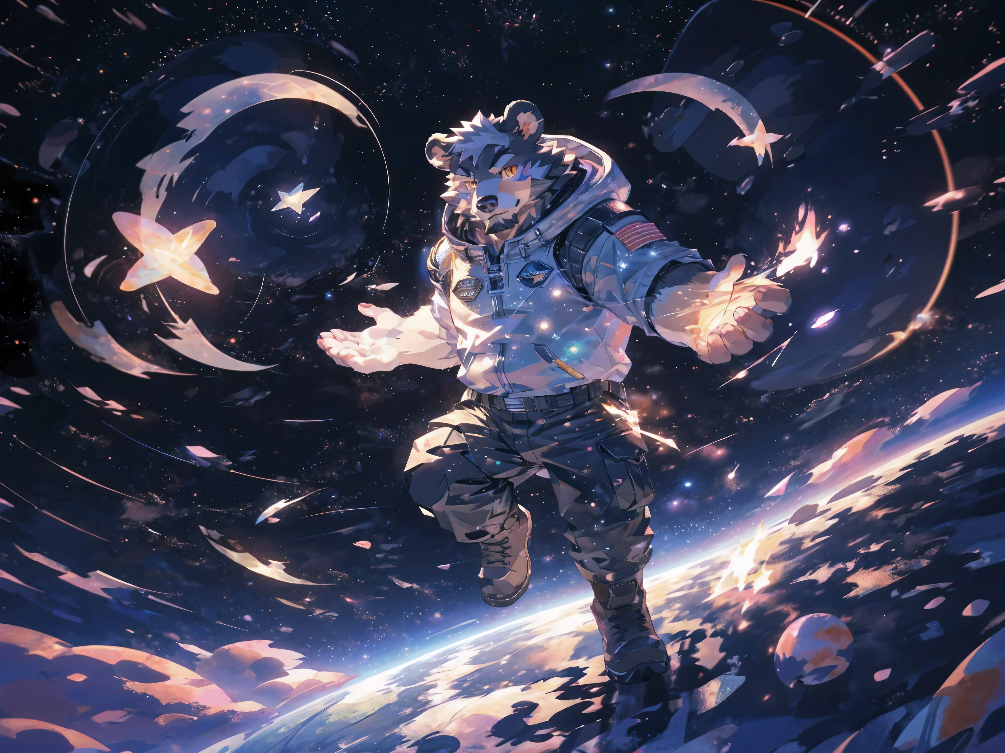 (masterpiece:1.2), best quality,pixiv,official art,perfect anatomy, (Ray tracing, light),solo, (1_male:1.3) , (muscle), (grey fur:1.4), (muscle bear), (beard:1.2), (gleaming golden eyes), bear tail, full body, Thick black eyebrows,(open hooded parka), (naked inside), (cargo pants:1.2), boots , (in the space:1.3) , star , planet , earth , asteroid , (character floating :1.3)