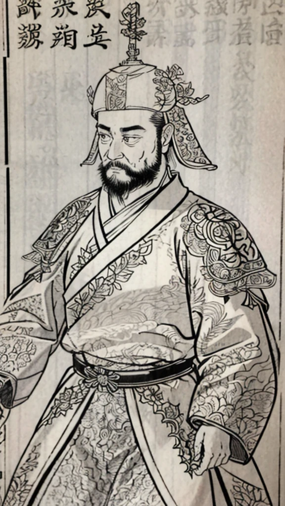 （（（Monochrome））、（（Men in ancient China））、（Ink painting）、Highest quality、masterpiece、Ultra-high resolution、(Realistic:1.4)、Game Poster、Three Kingdoman with a beard,Oriental、Three Kingdoms演義に見られるように々military commander、Crisp and beautiful image quality ,(Metal Armor, metal dragon head on the shoulder, Holding a sword, (Skin of color, ), (Metal Armor with intricate pattern:1.2), gloves, Long trousers, (Very detailed, bloom:1.5), (Highest quality, Concept Art, 4K), (analog:1.2), (high sharpness), (Detailed pupil:1.1),, Detailed face and eyes, masterpiece, Highest quality, (Very detailed:1.1), 8k, photoRealistic, (PurerosFace_v1:0.2), [:(Detailed face:1.2):0.2], sharp, Realistic, Realistic Shadow, 