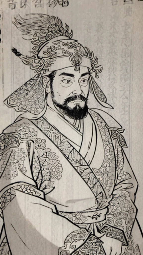 （（（Monochrome））、（（Men in ancient China））、（Ink painting）、Highest quality、masterpiece、Ultra-high resolution、(Realistic:1.4)、Game Poster、Three Kingdoman with a beard,Oriental、Three Kingdoms演義に見られるように々military commander、Crisp and beautiful image quality ,(Metal Armor, metal dragon head on the shoulder, Holding a sword, (Skin of color, ), (Metal Armor with intricate pattern:1.2), gloves, Long trousers, (Very detailed, bloom:1.5), (Highest quality, Concept Art, 4K), (analog:1.2), (high sharpness), (Detailed pupil:1.1),, Detailed face and eyes, masterpiece, Highest quality, (Very detailed:1.1), 8k, photoRealistic, (PurerosFace_v1:0.2), [:(Detailed face:1.2):0.2], sharp, Realistic, Realistic Shadow, 