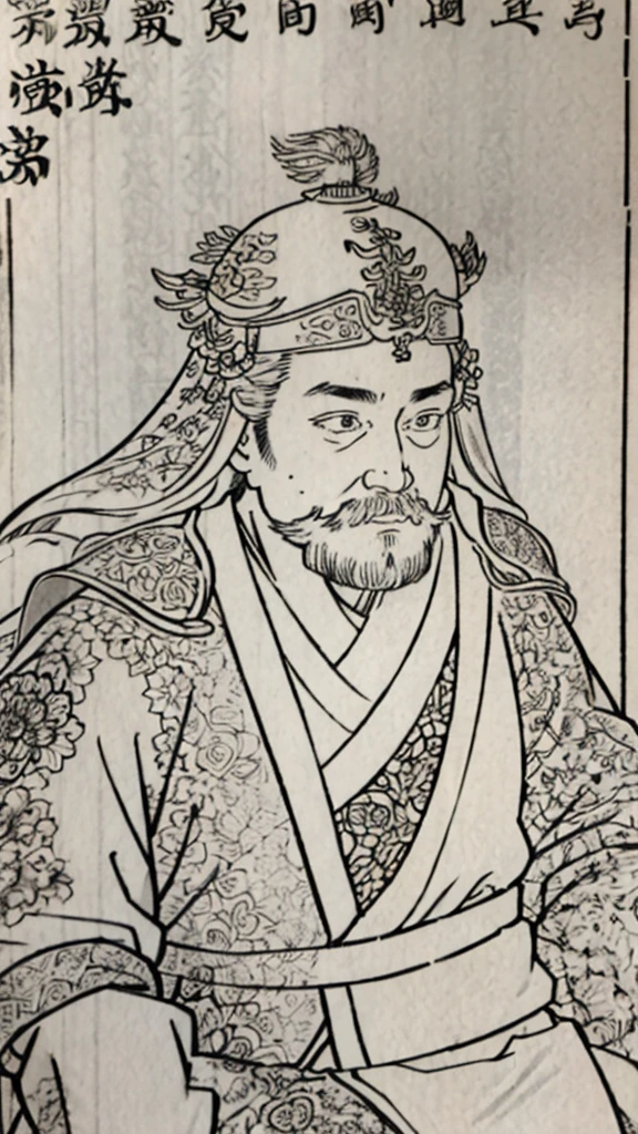 （（（Monochrome））、（（Men in ancient China））、（Ink painting）、Highest quality、masterpiece、Ultra-high resolution、(Realistic:1.4)、Game Poster、Three Kingdoman with a beard,Oriental、Three Kingdoms演義に見られるように々military commander、Crisp and beautiful image quality ,(Metal Armor, metal dragon head on the shoulder, Holding a sword, (Skin of color, ), (Metal Armor with intricate pattern:1.2), gloves, Long trousers, (Very detailed, bloom:1.5), (Highest quality, Concept Art, 4K), (analog:1.2), (high sharpness), (Detailed pupil:1.1),, Detailed face and eyes, masterpiece, Highest quality, (Very detailed:1.1), 8k, photoRealistic, (PurerosFace_v1:0.2), [:(Detailed face:1.2):0.2], sharp, Realistic, Realistic Shadow, 