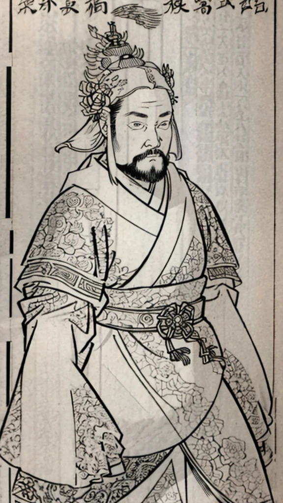 （（（Monochrome））、（（Men in ancient China））、（Ink painting）、Highest quality、masterpiece、Ultra-high resolution、(Realistic:1.4)、Game Poster、Three Kingdoman with a beard,Oriental、Three Kingdoms演義に見られるように々military commander、Crisp and beautiful image quality ,(Metal Armor, metal dragon head on the shoulder, Holding a sword, (Skin of color, ), (Metal Armor with intricate pattern:1.2), gloves, Long trousers, (Very detailed, bloom:1.5), (Highest quality, Concept Art, 4K), (analog:1.2), (high sharpness), (Detailed pupil:1.1),, Detailed face and eyes, masterpiece, Highest quality, (Very detailed:1.1), 8k, photoRealistic, (PurerosFace_v1:0.2), [:(Detailed face:1.2):0.2], sharp, Realistic, Realistic Shadow, 