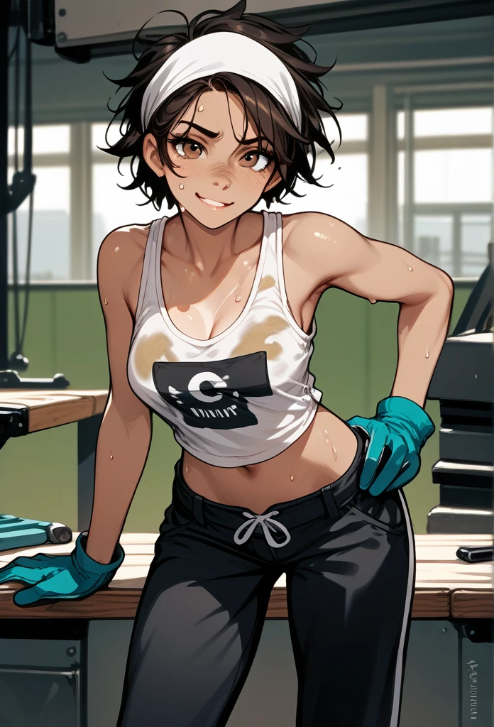 masterpiece, best quality, mature woman, messy hair, black hair, brunette gradient hair color, hot face, (tomboy face), tan skin, mature body, fit body, medium breasts, mechanic gloves, (dirty tank top), stained tank top, midriff, white bandana, mechanic pants, loose pants, workshop, (hand wiping sweat, sweaty), bending over
