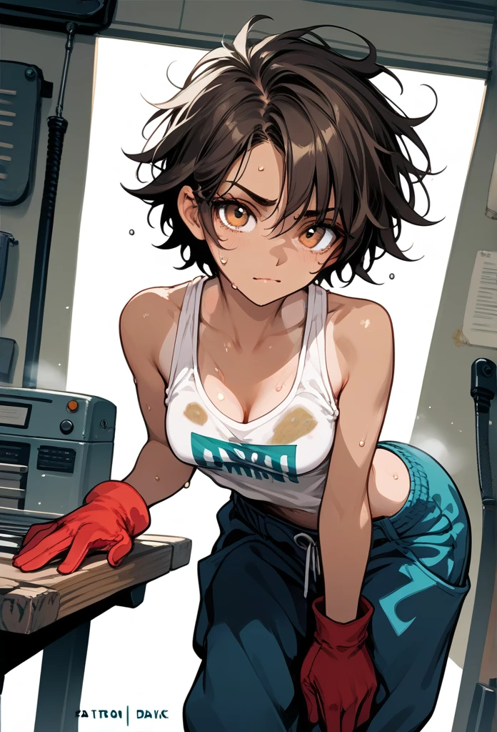 masterpiece, best quality, mature woman, messy hair, black hair, brunette gradient hair color, hot face, (tomboy face), tan skin, mature body, fit body, medium breasts, mechanic gloves, (dirty tank top), stained tank top, midriff, white bandana, mechanic pants, loose pants, workshop, (sweaty), bending over, back view