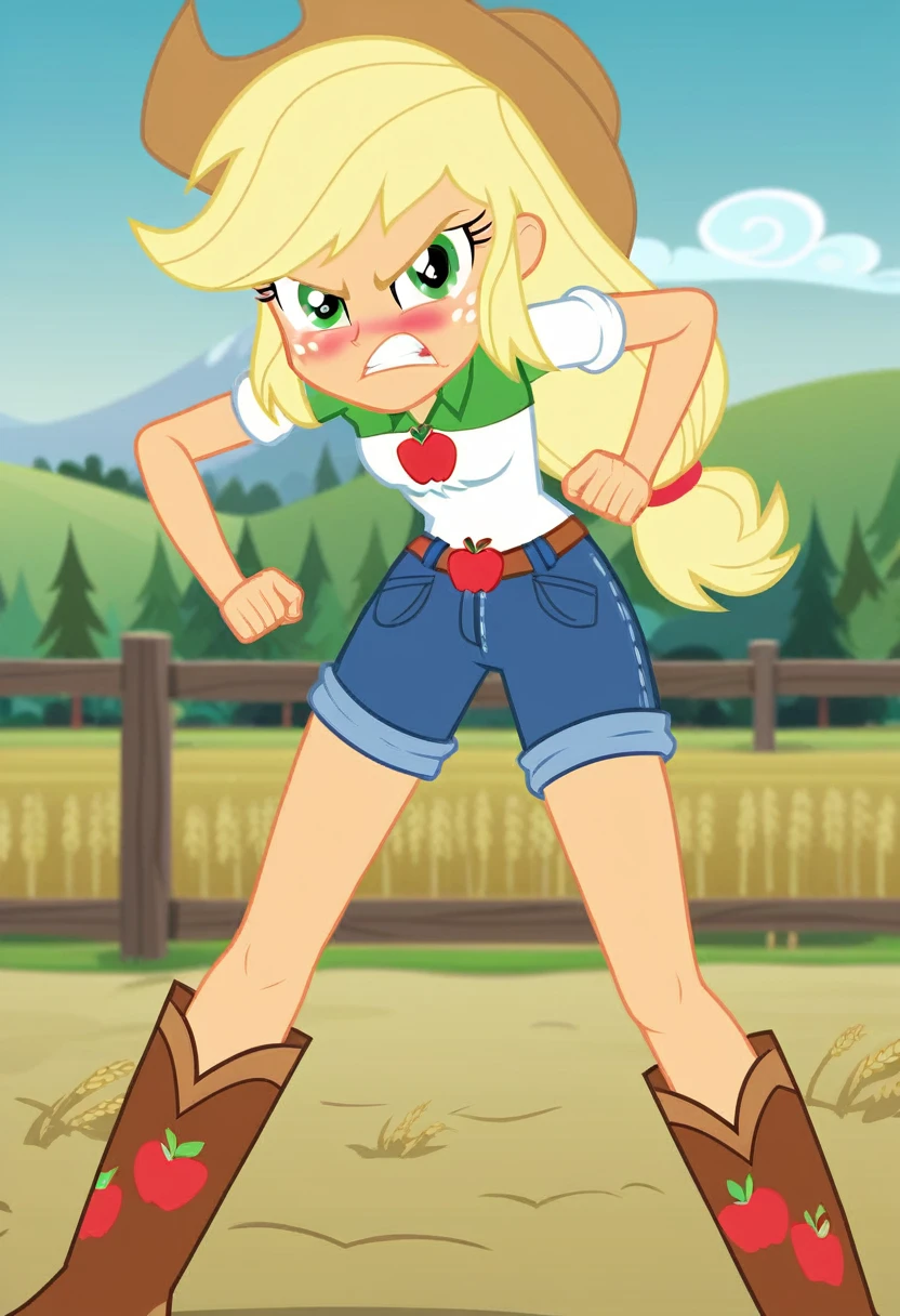 (masterpiece, best quality:1.2), full body,solo,1girl,applejack from equestria girls ,looking at viewer,low-tied long hair,cowboy hat,shirt,school hallway,vector trace, cowboy boots, (pink panties, highleg panties, cameltoe), ((angry, blushing, clenching fists, standing)) ,no pants, bottomless,((wetting self, pee stains, puddle, urine running down legs))