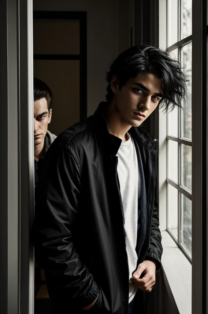 25 year old boy who has his gaze in the window, unlike everyone else he is aloof he wears a black jacket. He turns towards me, his eyes are black as deep as the night, his skin is pale and his hair falls in his face and a single strand is white.. Your mind seems lost in its own world