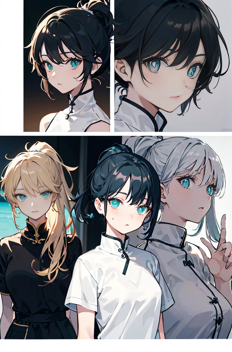 White background,A masterpiece,Adult women,woman,Black hair,Highlights,High Ponytail,Side face,Messy hair,calm,Cyan pupils,Font,poster,jump,,Hair Bunch,White shirt,Dress fashionably,Standing picture,laid back,best quality, Illustration style,Large aperture portrait, , beautiful eyes, summer,, small, Heartwarming, Youthful and beautiful,,Regular Clothes,Black and white,, showing a natural casual style. Dynamic posture contains the golden ratio, China, White space, Strong contrast between light and shadow, Super texture, Super clear and concise pictures, presenting extremely beautiful,subtle facial expressions