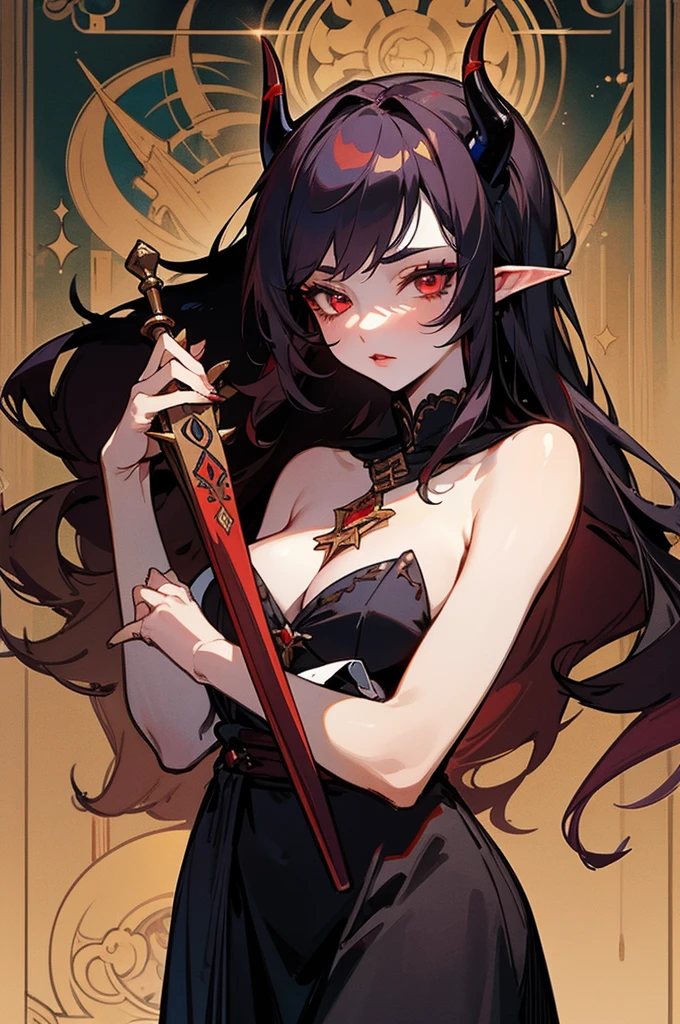 1girl, thirty years old, monster woman, little black horns, solo, medieval tavern, extremely seductive, mature, long and large soothsayer dress, deep red eyes, short white wavy hair, elf ears, delicate skin, lipstick, makeup, mature female, dark dress with cape, black dress, embroidery, mystic atmosphere, masterpiece, best quality, 8K, luth instrument