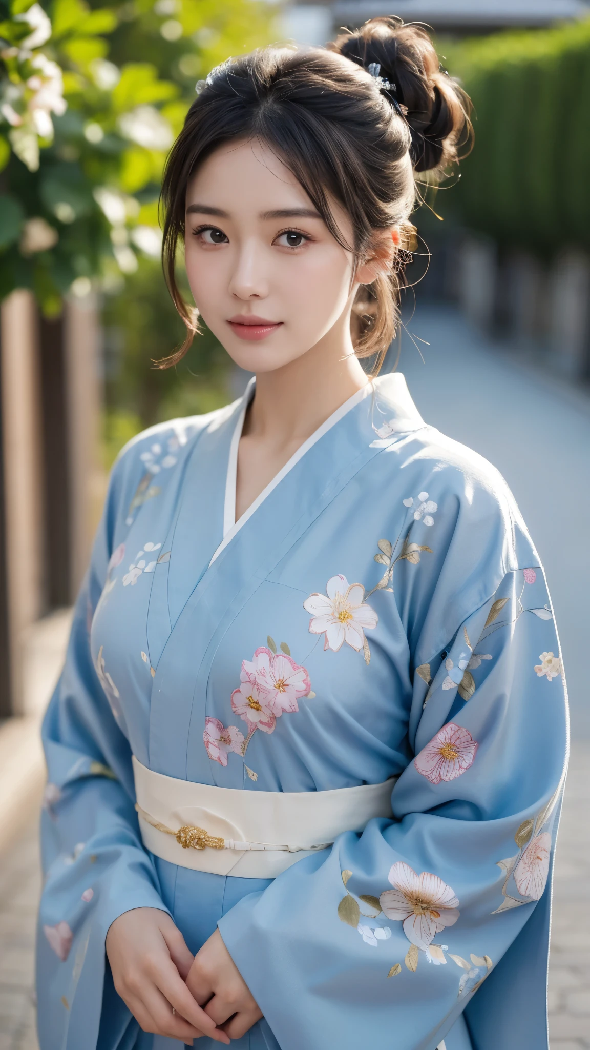 (best quality, masterpiece:1.3), absurd-res, RAW photo, 16K photo album, (realistic), photo-realistic, blurry background, an incredible beautiful girl, innocent, extremely detailed pretty face, extremely detailed large black eyes, chignon, natural skin texture, perfect figure, wearing floral pattern yukata, standing, looking at viewer, gentle smile, on the Japanese traditional street, night, (cowboy shot), shot from front, close-up photo