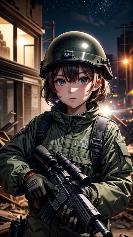 high quality, High-resolution images, Full HD、8k.A young girl with short chestnut hair, wearing a US military uniform and a helmet pulled down low on her head., He has a rifle.、Late night city, Put on a night scope,Binoculars night vision scope, Pitch black. The light from the night scope is green.,,(Shooting a gun from the rubble),((Lower the night scope to your eye,))