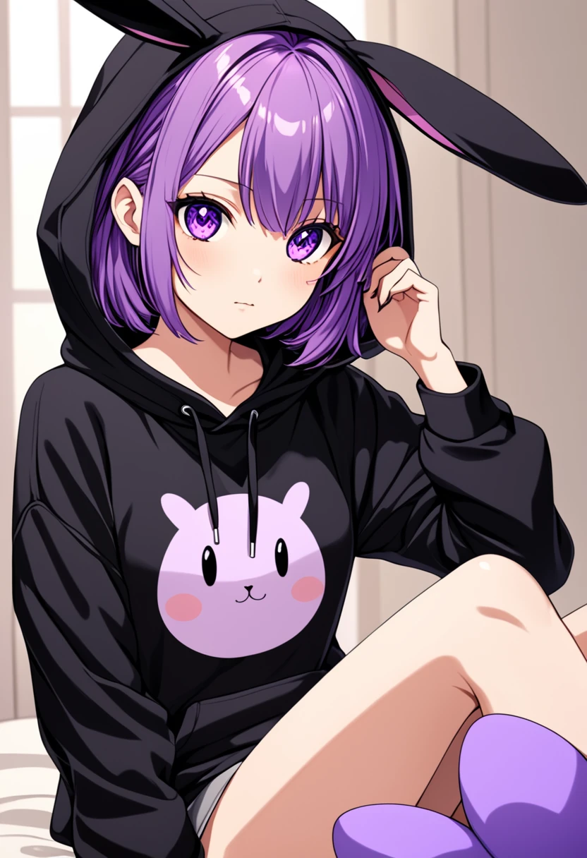  anime girl in black sweatshirt with short purple hair, with big purple bunny ears and purple eyes