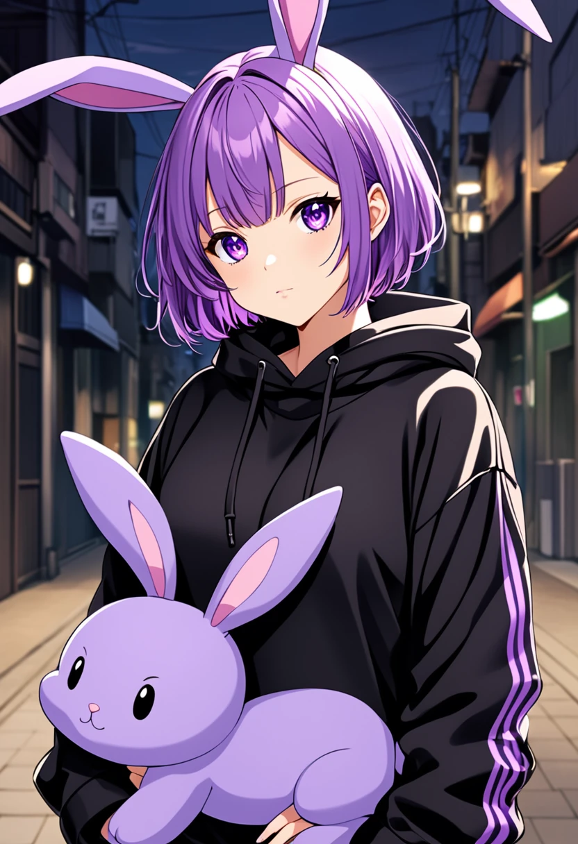 anime girl in black sweatshirt with short purple hair, with big purple bunny ears and purple eyes