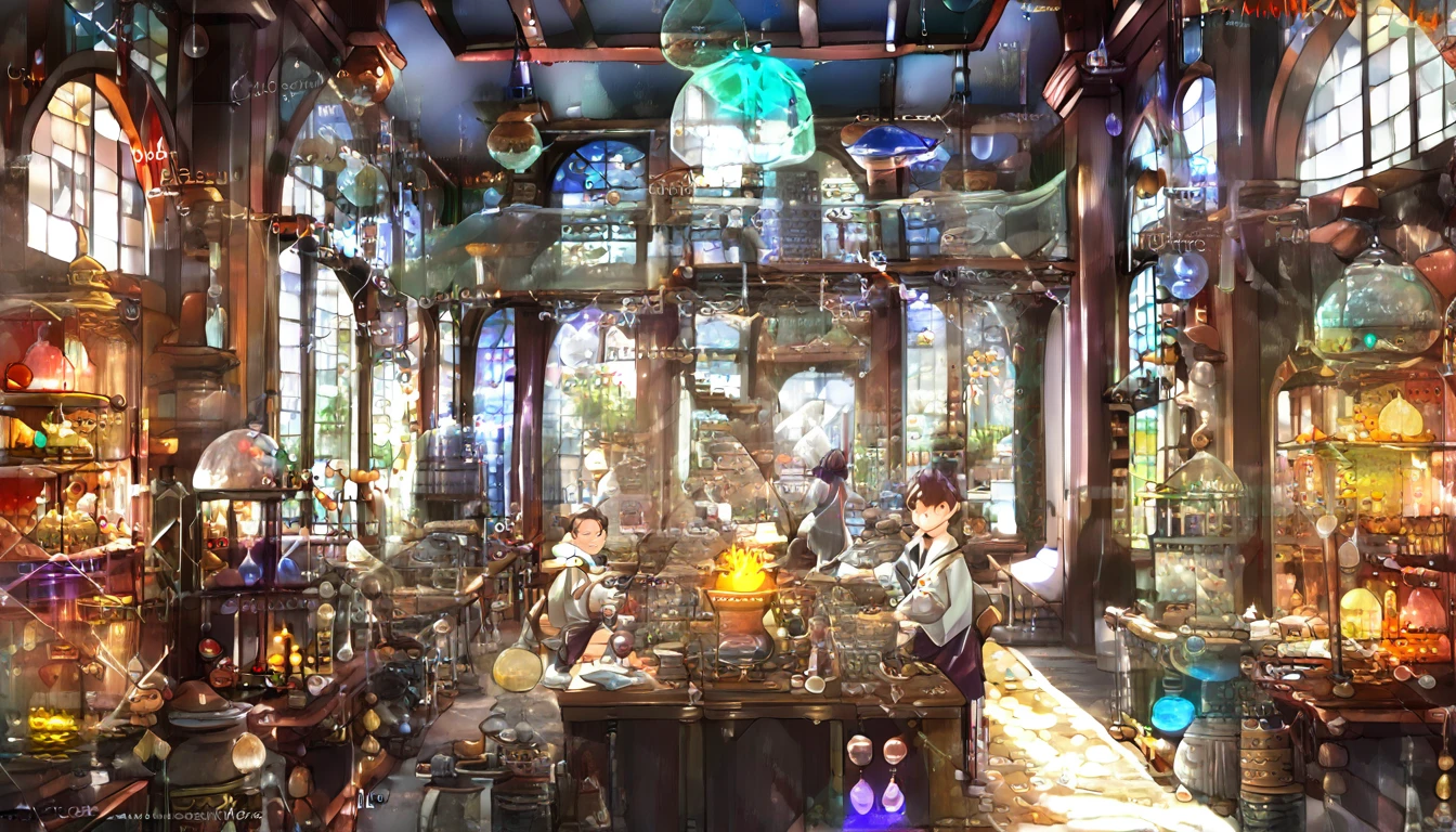 Cover page, High resolution, Highest quality, Highest quality, Paid reward available, An unparalleled masterpiece, Perfect artwork, Absurd, High quality illustrations, 超High resolution, Detailed Background, Perfect Anatomy(One boy, alone, kemono, Furry Personification, Alchemist, experiment)Many pottery, a room with many windows, In a cluttered laboratory, スチームパンクのexperiment室で, fantasy Alchemist laboratory, Inside the weapon shop, Cinema Lighting,