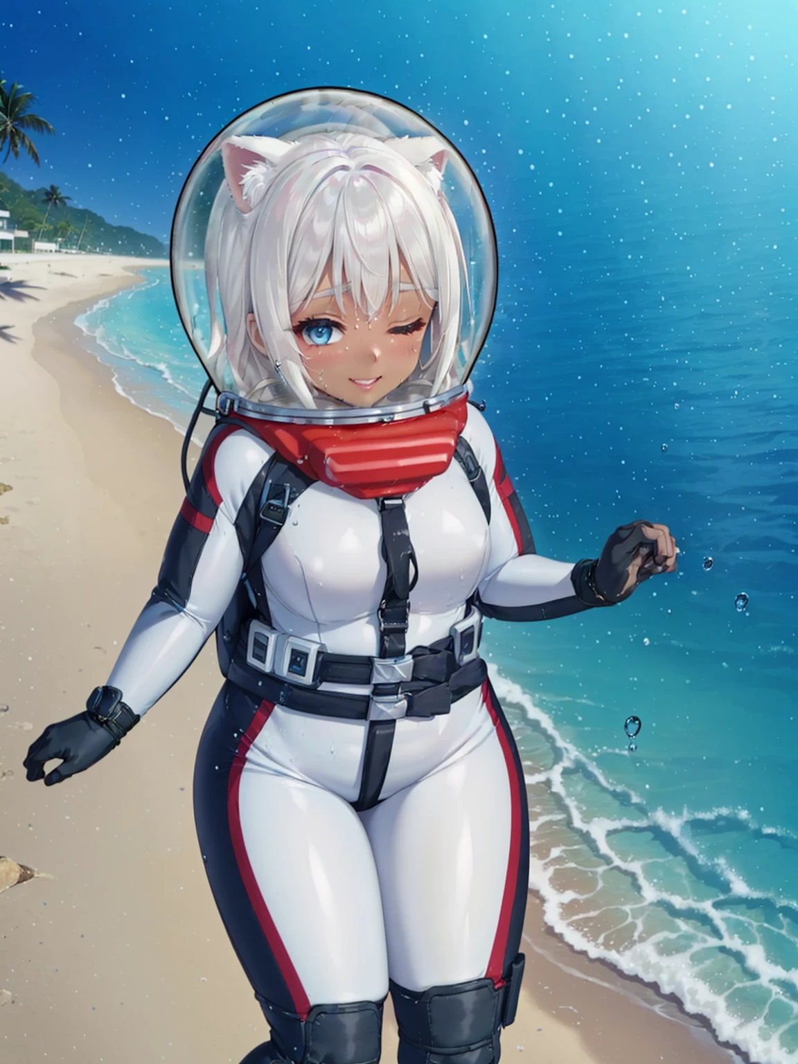 Highly detailed CG, 8k wallpaper, best quality, masterpiece, higher eyes and nose, very delicate and beautiful, beautiful, detailed,, (blue eyes: 1), (beautiful hands), (beautiful fingers) , , necklace (water:1.6), (beach:1.5), (messy hair:1.5), (leaning forward:1), looking at the viewer, (smile:1.3), (one eye closed:1.2) , (sweating), (beautiful toes), (6 years old:1.5), (1girl), (ash white hair:1.5),(middle hair:1 ), (dark skin: 1.4), (thigh circumference: 1.3) , beautiful, narrow waist, white thigh highs, narrow waist, thighs, wide hips, eyeliner, eyelashes, perfect face, detailed eyes, (dark skin : 1.5),,,(spacesuit: 1.15) , white cargo pants, astronaut )bubble helmet, space helmet, space helmet, CAT EARS, bubble helmet, eva helmet,