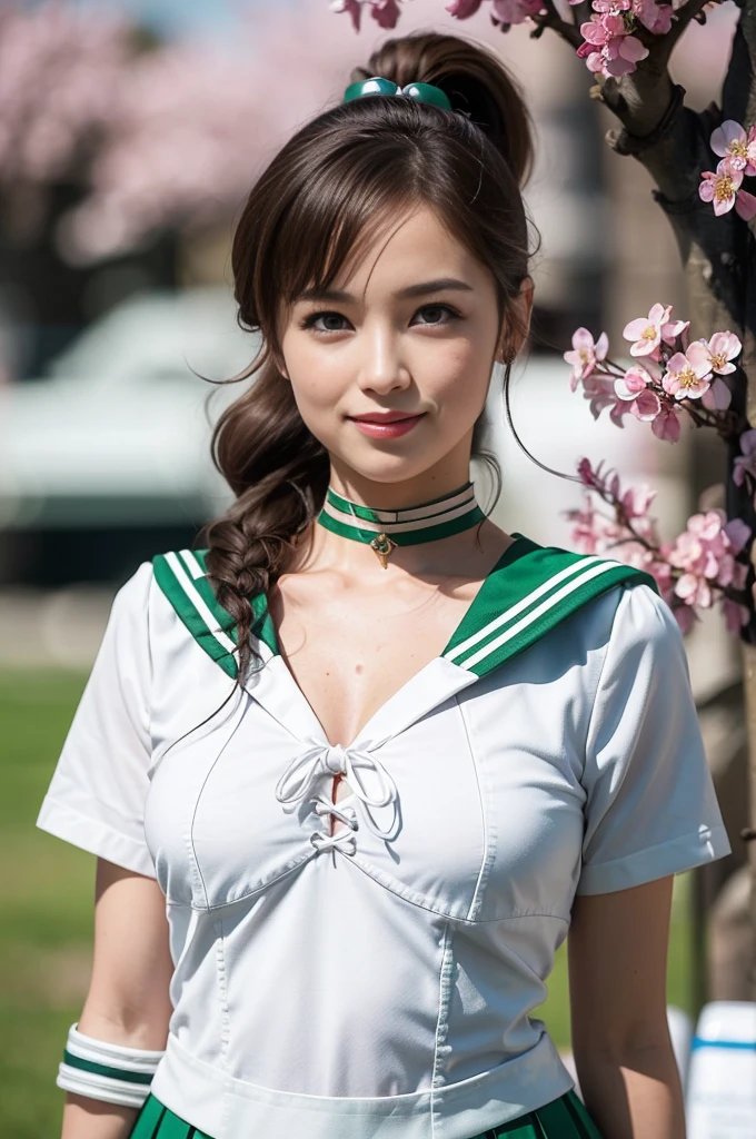 (masterpiece, Highest quality:1.4), (whole body:1.5), (Are standing:1.4), One girl, alone, Ham Jupiter, (Green Eyes), ponytail, (tiara:1.2), jewelry, (Sailor Warrior Uniform:1.5), Green sailor collar, choker, Elbow hand pockets, White gloves, Pink ribbon, brooch, White leotard, Green Skirt, Pleated skirt:1), Beautiful Face, Highly detailed face, Highly detailed eyes, Highly detailed skin, Skin pores, Scattered beneath the surface, Realistic pupils, Mid-chest, Sexy smile, Blush all over face, Fuller lips, Cherry blossom tree background, Scattered beneath the surface, Detailed Background, Depth of written boundary, Volumetric lighting, Sharp focus, Absurd, Realistic proportions, Excellent anatomy, (Realistic, hyperRealistic:1.4), 16k hdr,