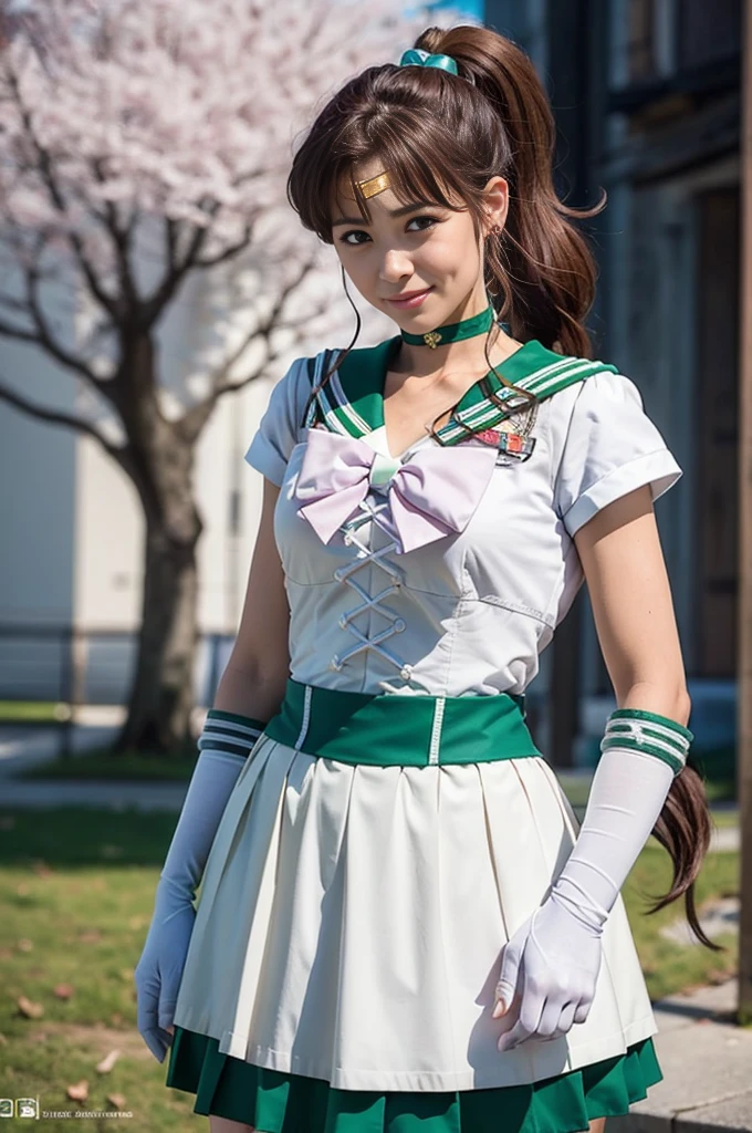 (Full Body Shot:1.7), (masterpiece, Highest quality:1.4),One girl, alone, Ham Jupiter, (Green Eyes), ponytail, (tiara:1.2), jewelry, (Sailor Warrior Uniform:1.5), Green sailor collar, choker, Elbow hand pockets, White gloves, Pink ribbon, brooch, White leotard, Green Skirt, Pleated skirt:1), Beautiful Face, Highly detailed face, Highly detailed eyes, Highly detailed skin, Skin pores, Scattered beneath the surface, Realistic pupils, Mid-chest, Sexy smile, Blush all over face, Fuller lips, Cherry blossom tree background, Scattered beneath the surface, Detailed Background, Depth of written boundary, Volumetric lighting, Sharp focus, Absurd, Realistic proportions, Excellent anatomy, (Realistic, hyperRealistic:1.4), 16k hdr,