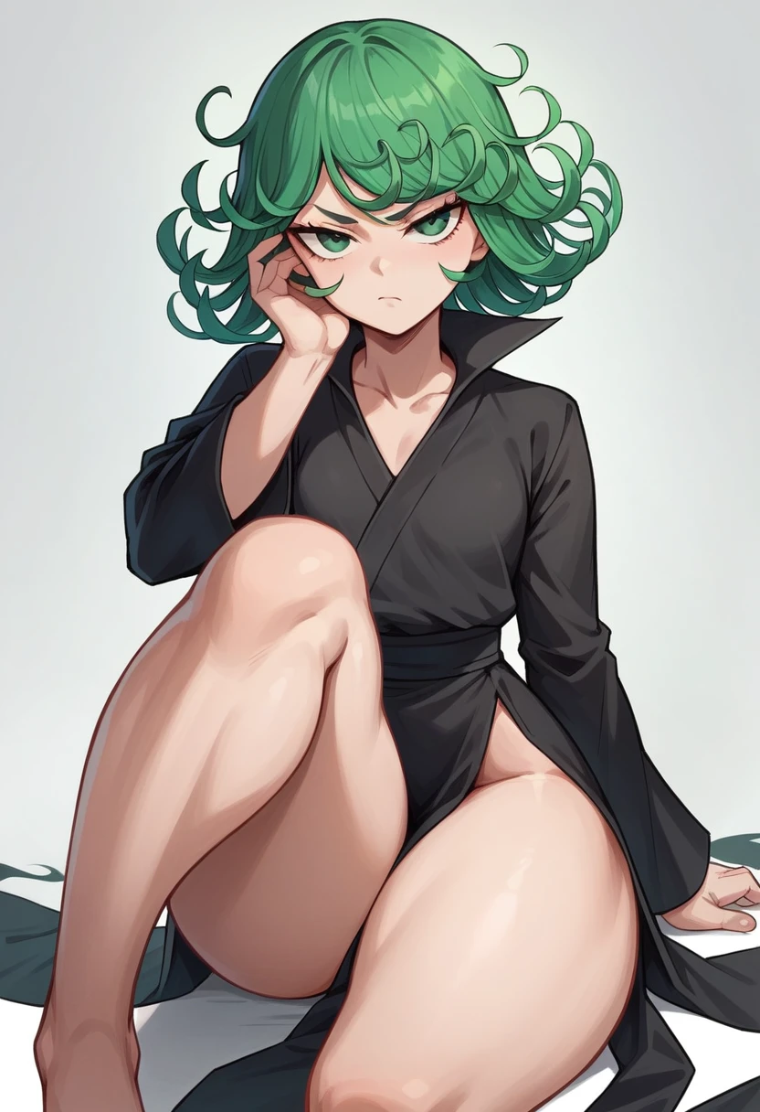 (Masterpiece, Best Quality:1.2), solo, 1girl, tatsumaki, unamused, closed mouth, looking a viewer, hand on our face, sitting, Short black kimono ,big thighs,crossing leg, green hair, NSFW