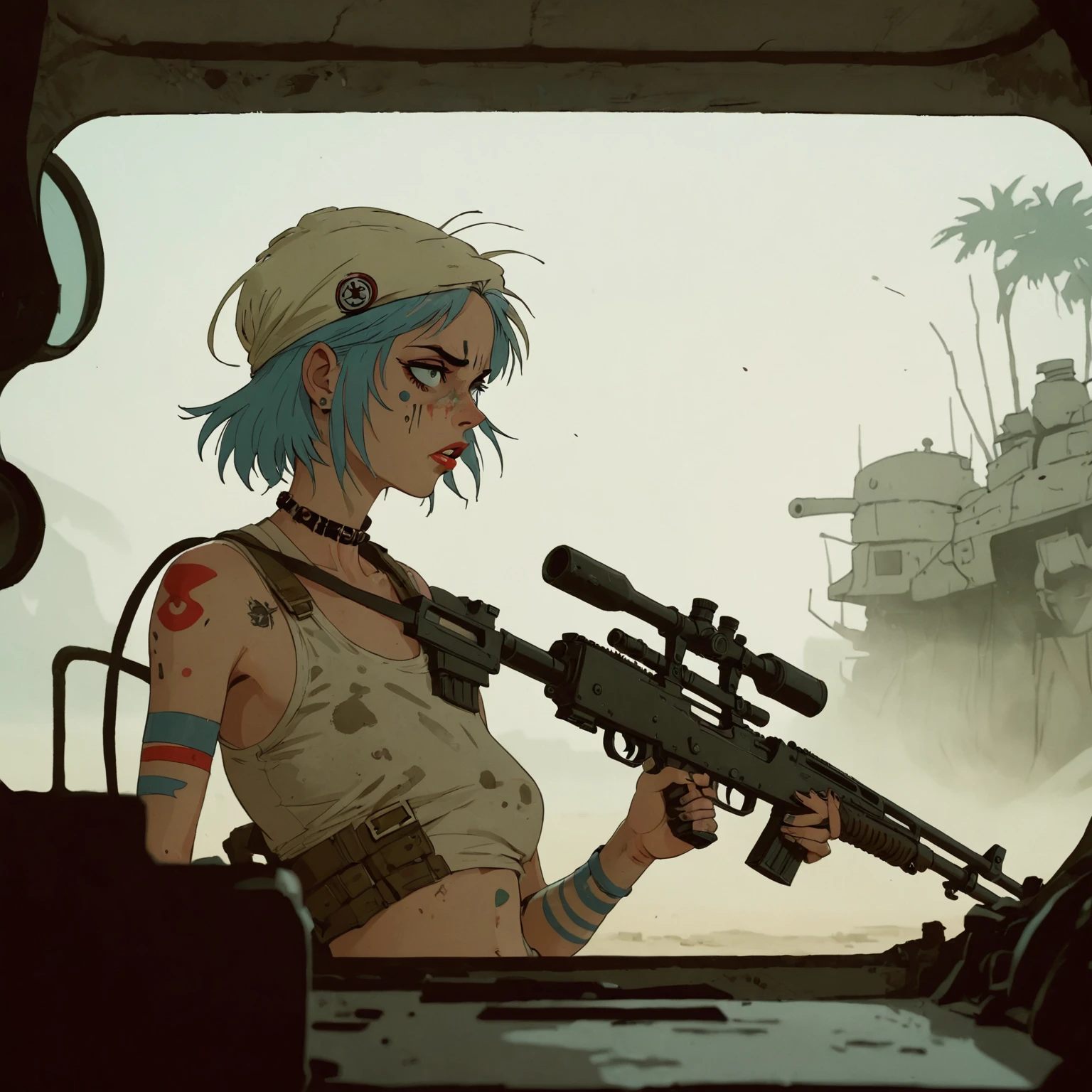 masterpiece, best quality, (1 girl), solo, short shorts, medium breasts, , (comfortable censorship: 1.2), room, apartment, wasteland background technique,, shirtless, raider girl, pensive, post-apocalyptic wasteland background, sitting on car bonnet