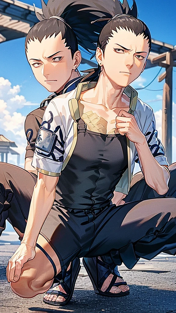 In the manga series "NARUTO" a man named "Sikamaru" with his distinctive hairstyle tied back, squats and holds a suriken. The character wears a gray jacket with rolled up sleeves, a mesh undershirt, and dark pants. There are blue details on the jacket, including the circular Konaha symbol on the left sleeve. The shoes worn are similar to open-toed sandals. with 4k HDR quality, with a cyberpunk city background,,