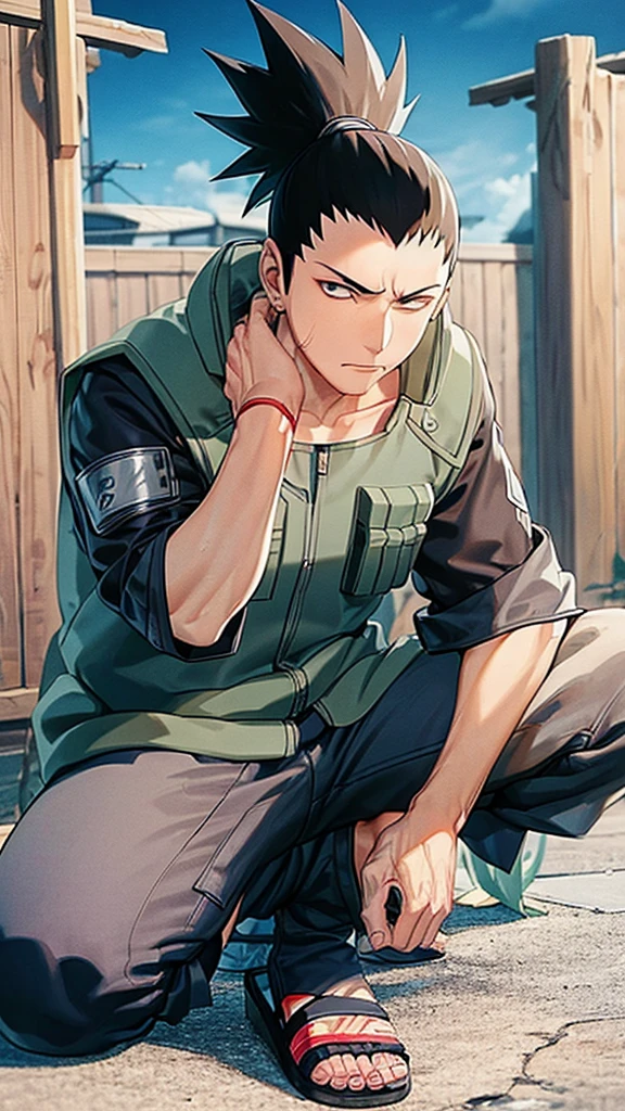 In the manga series "NARUTO" a man named "Sikamaru" with his distinctive hairstyle tied back, squats and holds a suriken. The character wears a gray jacket with rolled up sleeves, a mesh undershirt, and dark pants. There are blue details on the jacket, including the circular Konaha symbol on the left sleeve. The shoes worn are similar to open-toed sandals. with 4k HDR quality, with a cyberpunk city background,,