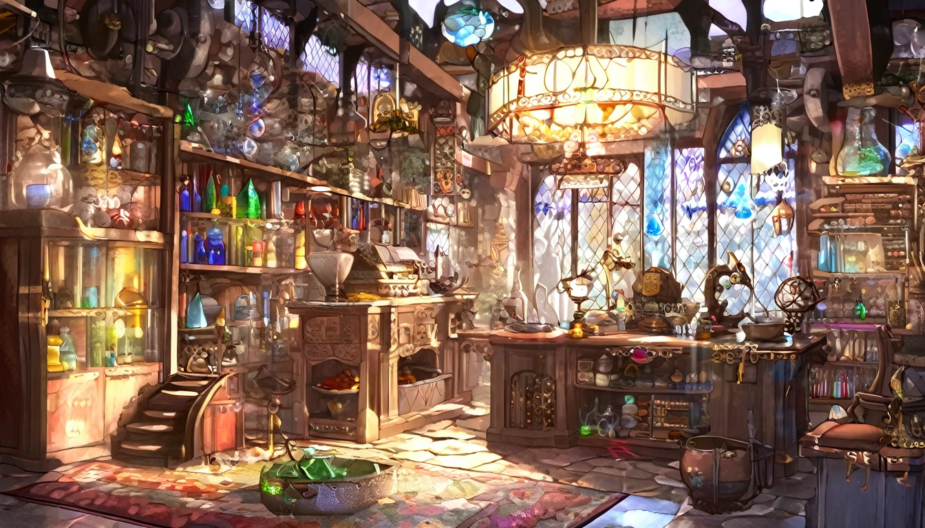 Cover page, High resolution, Highest quality, Highest quality, Paid reward available, An unparalleled masterpiece, Perfect artwork, Absurd, High quality illustrations, 超High resolution, Detailed Background, Perfect Anatomy(One boy, alone, kemono, Furry Personification, Alchemist, experiment)Many pottery, a room with many windows, In a cluttered laboratory, スチームパンクのexperiment室で, fantasy Alchemist laboratory, Inside the weapon shop, Cinema Lighting,