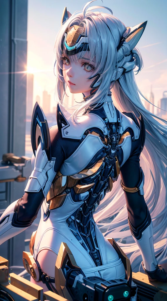 top-quality、​masterpiece、超A high resolution、(Photorealsitic:1.4)、女の子1人、Light blue hair、Straight hair, shiny and clean hair、White shiny skin、Sexy Cyberpunk Girl、((super realistic details))、Shadow、octan render、ultrasharp、hyperdetailed face、Fiberglass、Luminous tube、highly intricate detail、Realistic light、CGSoation Trends、((Golden Eyes))、(Facing the camera)、neon detailechanical limbechanical vertebrae attached to the back、mechanical cervical attaching to neck、Wires and cables connecting to the head、((valkyrie))、((Beam Cannon))、Combat stance