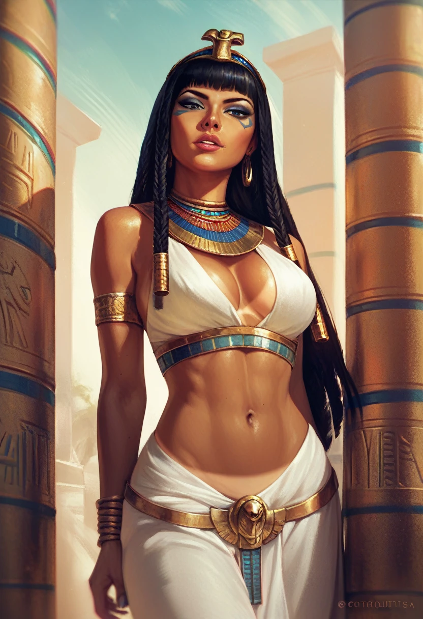 score_9, score_8_up, score_7_up, score_6_up, score_5_up, score_4_up, BREAK 1girl, intricate, standing, cleavage, tan lines, ancient egyptian clothes,pharoah, beige skin, (eyeliner:1.2), looking at viewer, black hair, hime-cut, jewelry, detailed background, breasts (masterpiece, high quality:1),