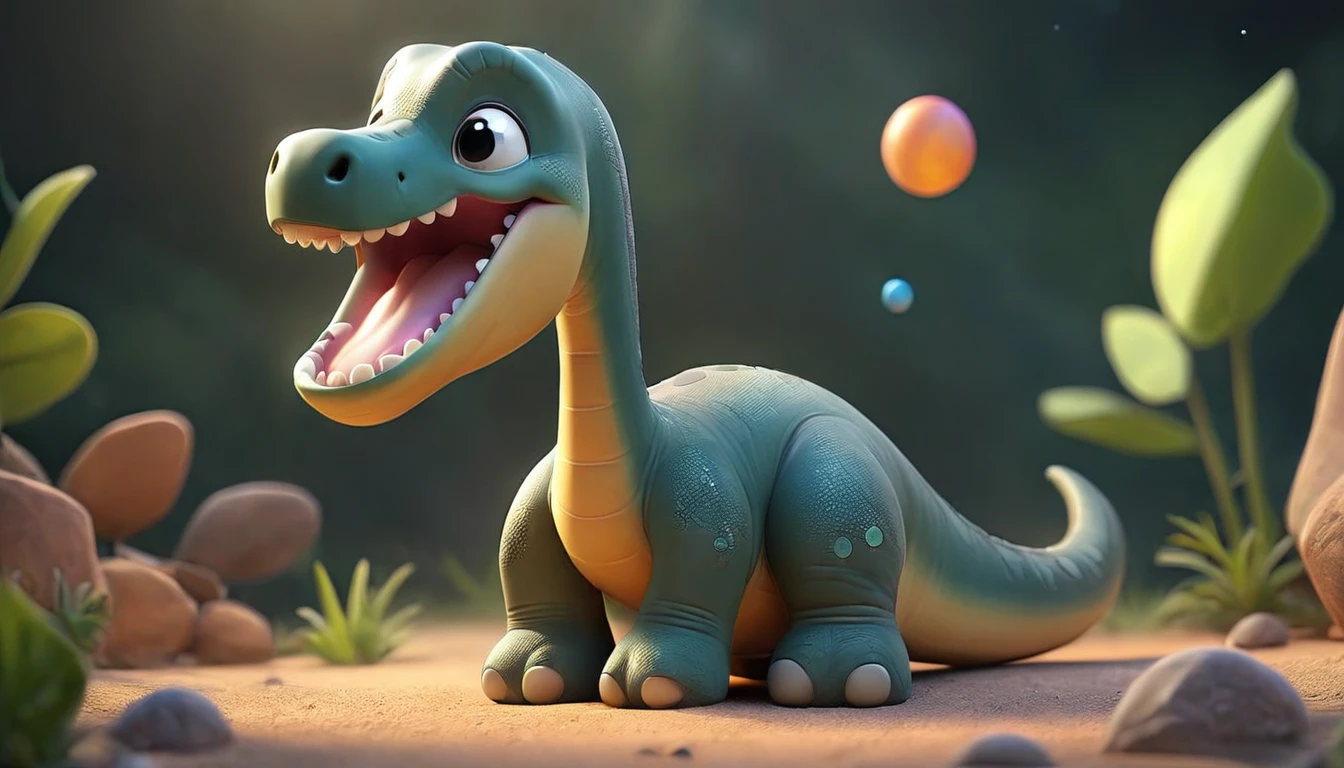 Create the cutest and friendliest baby diplodocus., happy as can be with a big smile on her pretty face. a beautiful baby gives a hug around his long neck while leaning towards the floor. They are on the beautiful surface of a planet deep in the solar system.., He'It's night but they are illuminated by the incredible stars.., planets and galaxies in the sky panoramic.