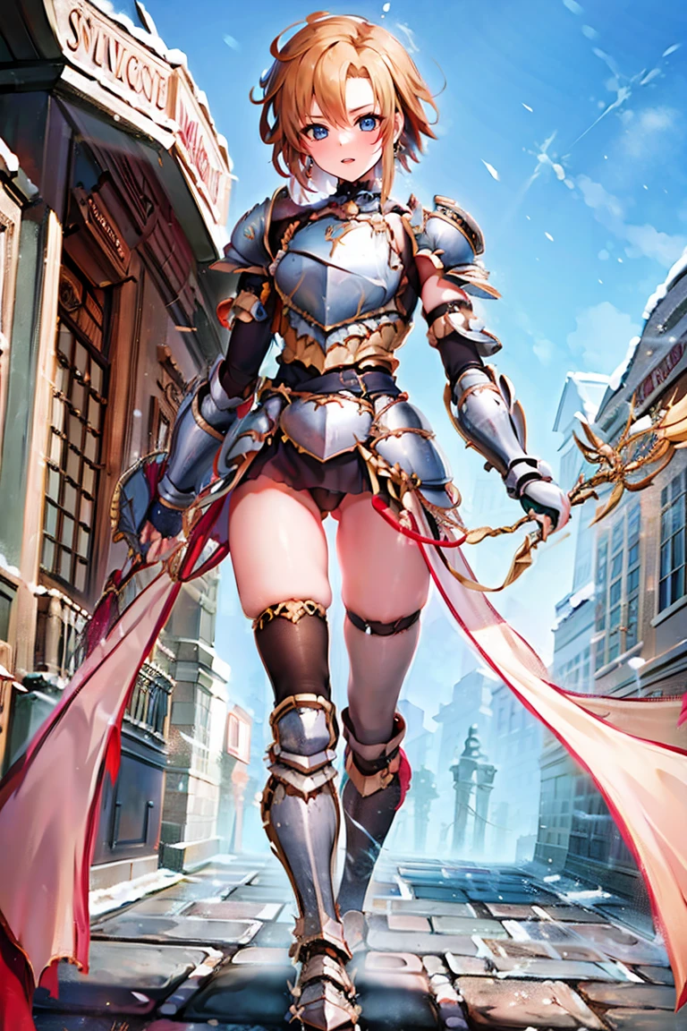 1girl,solo, gauntlets, armored boots,breastplate, pauldrons, shoulder armor, armor, loincloth, thighhighs, dare thighs, short hair, pink hair, blue eyes, adult, adult face, fearless face,