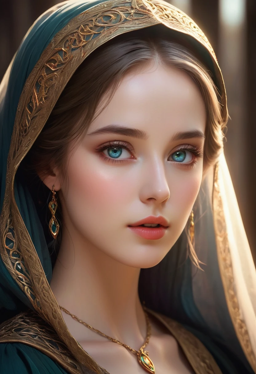 sakimychan style, Wlop style, portrait, Delicate face, Beautiful woman, Full lips, opaque veil, Medieval veil, Head Rail, 12th century, Heterochromia of the Eyes, iridescent eyes, medieval clothing, Briot, Lord of the Rings dress, Nearly perfect, Beautiful anime style, People Panorama, CleanDelicate face, glowing shadow, beautiful gradient, Depth of Field, Clean Graphics, high quality, High Detail, HD, Luminous Studio graphics engine