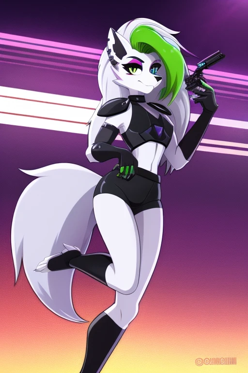 best quality, roxanne fusion loona, solo, furry female, body fur, makeup, wearing futuristic armor, using a Pulse Rifle, Energy Rifle, Futuristic assault rifle, sexy clothes