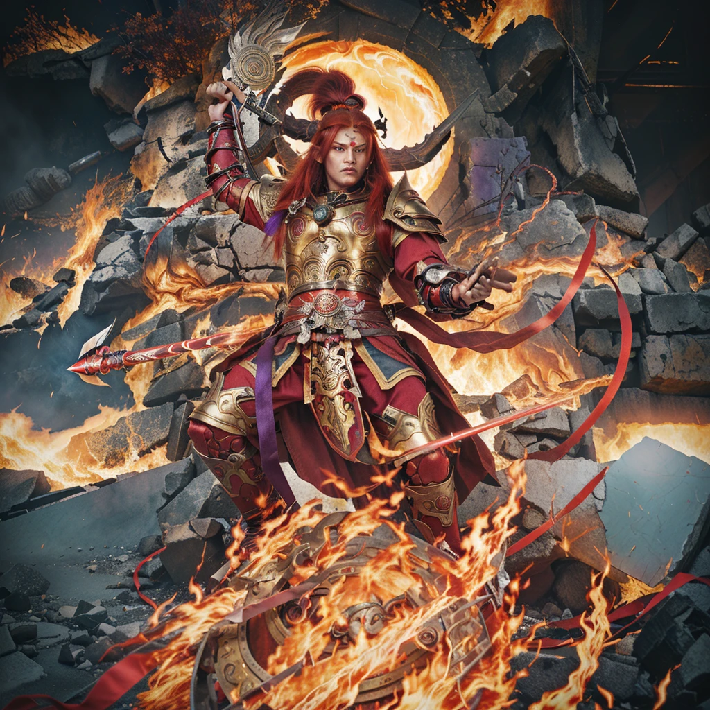 red hair asura (3 eyes) warrior look, ancient chiense armour, surrounded by fire, sending on a huge wheel, holding a metal whip weapon (sword), purple deity ribbon, 