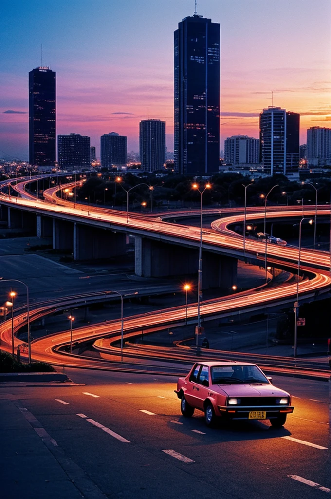 Ciudad con un atardecer y auto de los 80's