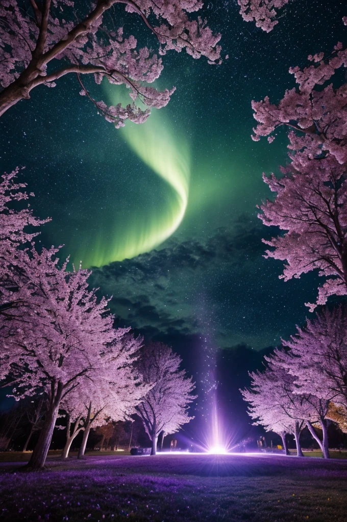 In the realm of whimsical fantasy, a majestic and translucent comet takes to the skies, defying the very laws of nature. Its colossal form glows with a luminescent radiance, each fluid curve and wrinkle captured in exquisite detail in this high-resolution image. Cherry blossoms drift gently through the air around it, their delicate petals unfurling and cascading like rain, falling freely from the branches of ethereal trees that cling tensely to the wondrous behemoth's humongous body. The fantasy landscape that surrounds this aerial spectacle is alive with vibrant colors, as if illuminated by
