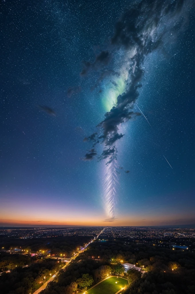In the realm of whimsical fantasy, a majestic and translucent comet takes to the skies, defying the very laws of nature. Its colossal form glows with a luminescent radiance, each fluid curve and wrinkle captured in exquisite detail in this high-resolution image. Cherry blossoms drift gently through the air around it, their delicate petals unfurling and cascading like rain, falling freely from the branches of ethereal trees that cling tensely to the wondrous behemoth's humongous body. The fantasy landscape that surrounds this aerial spectacle is alive with vibrant colors, as if illuminated by