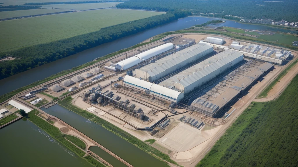 Aerial view of the factory with a large body of water, Add water treatment equipment