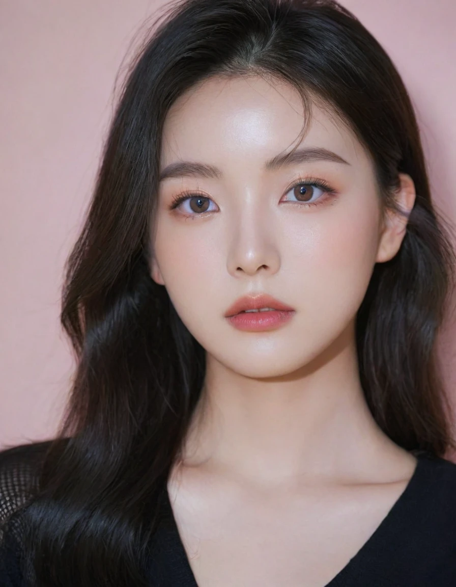 ultra wide shoot, front photo, elegant woman, (Photorealsitic)、(intricate detailes:1.2)、(​masterpiece、:1.3)、beauty face, (top-quality:1.4)、(超A high resolution:1.2)、超A high resolution、(A detailed eye)、(detailed facial features), ((Realistic lighting、top-quality、8K、natural light, ​masterpiece:1.3))、bright photo, Clear focus:1.2、1girl in、flawless beauty:1.4、Superfine Face、big Narrow-eyed、double eyelid、photos realistic, perfect eyes, perfect skin, detailed skin, detailed face, looking viewer, front view, potrait, raw photo, simple soft pink background, (intricate detailed skin textured:1.4) front view, looking viewer, clear face,  1 girl、porate、Bright and very beautiful face、beautiful girl, A stunning close-up portrait showcasing the beauty of a Korean model. The composition features soft, natural lighting , bright eyes, and striking cheekbones. Her glossy,  The background is simply black background,  wear black sweetshirt, neat hair, long hair, instagram model, profil picture, bright and natural