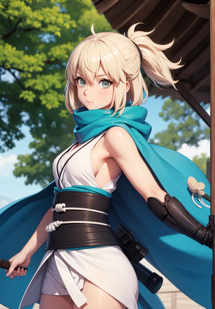 Best Quality, 1 girl, alone, okita_souji, white kimono, scarf, cowboy photography, outdoor, bare shoulders, bare shoulders, sleeveless, looking at the viewer, 