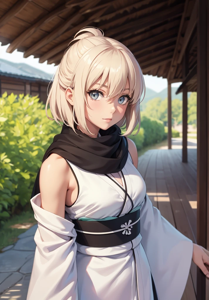 Best Quality, 1 girl, alone, okita_souji, white kimono, scarf, cowboy photography, outdoor, bare shoulders, bare shoulders, sleeveless, looking at the viewer, 