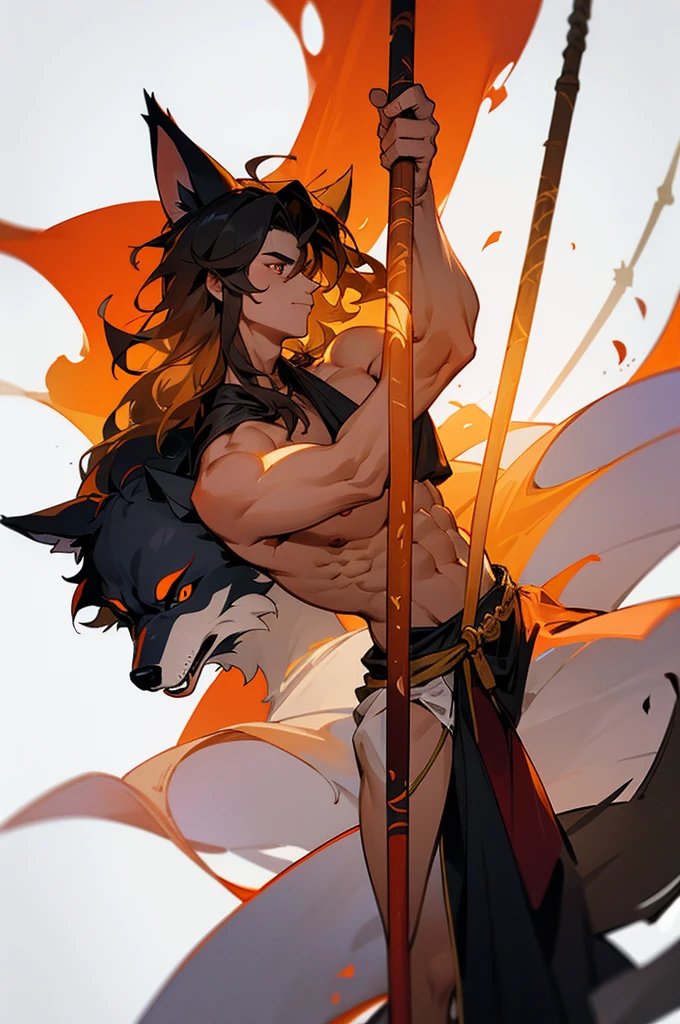 concept, [fire staff], medieval, wood staff, long torch, white background, A fire dancer's staff (matte skin), with wolf ears, muscle, shirtless, black wavy hair, oriental