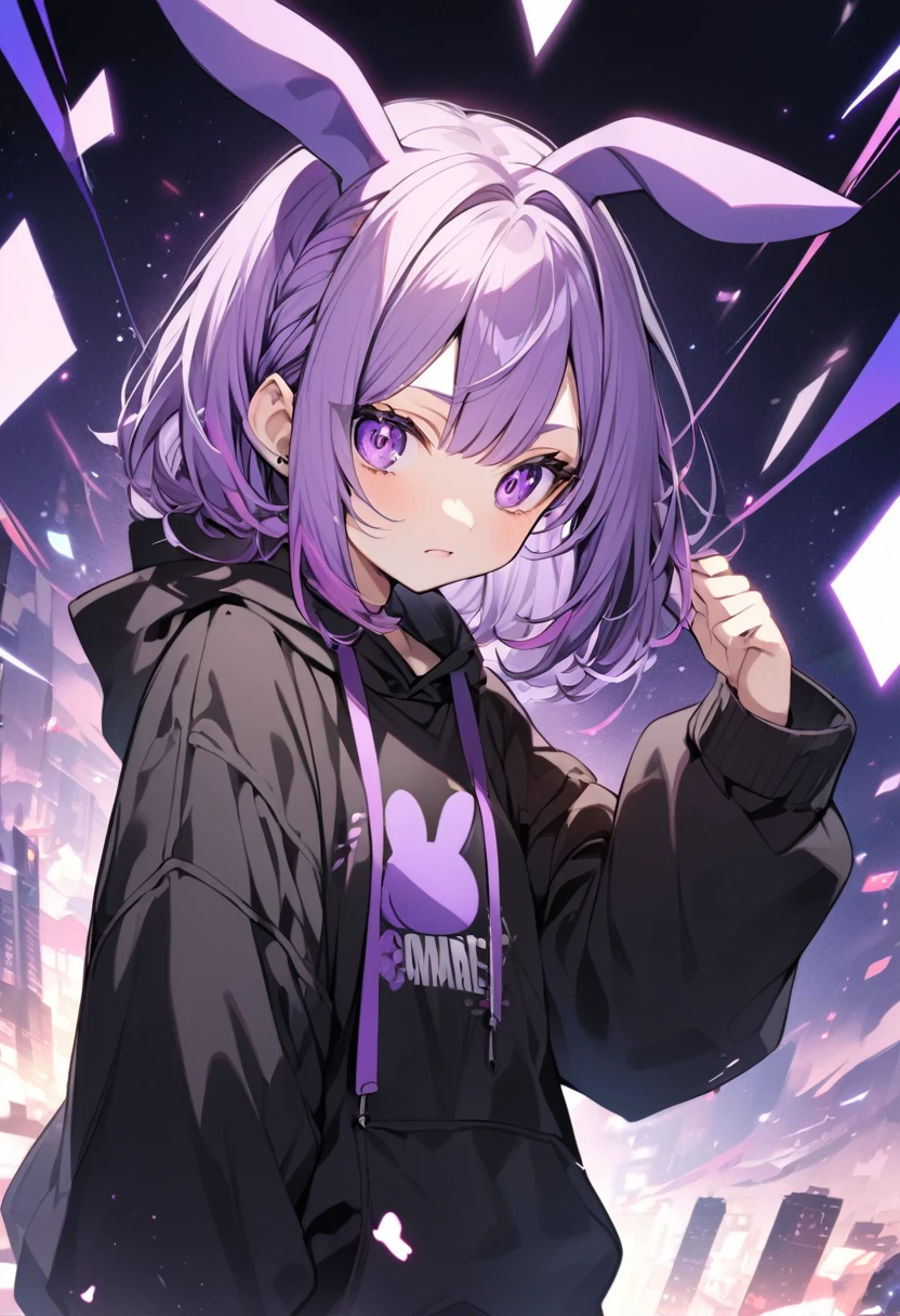 anime girl in black sweatshirt with short purple hair, with big purple bunny ears and purple eyes