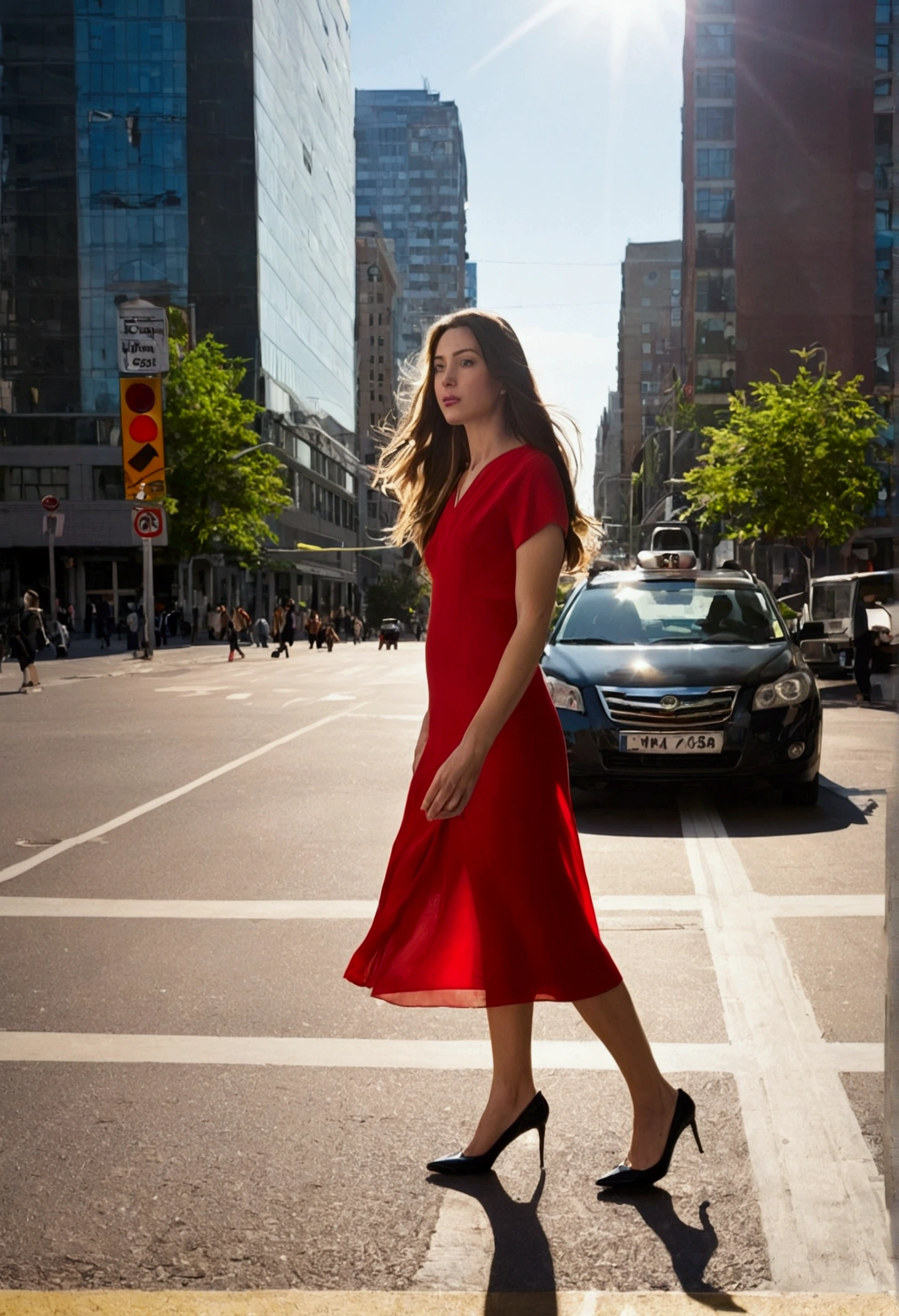 A woman is standing on a busy urban street, front stop. She wears an elegant red dress that reaches to her knees and black high heels that highlight her legs.. Her long, loose hair falls over her shoulders.. Your hands are empty, without carrying any wallet or bag. The street is full of urban details, like tall buildings, traffic signs and some people walking. The street pavement is visible, with some pedestrian crossing lines and maybe some cars parked in the background. Sunlight illuminates the scene, creating soft shadows on the pavement
