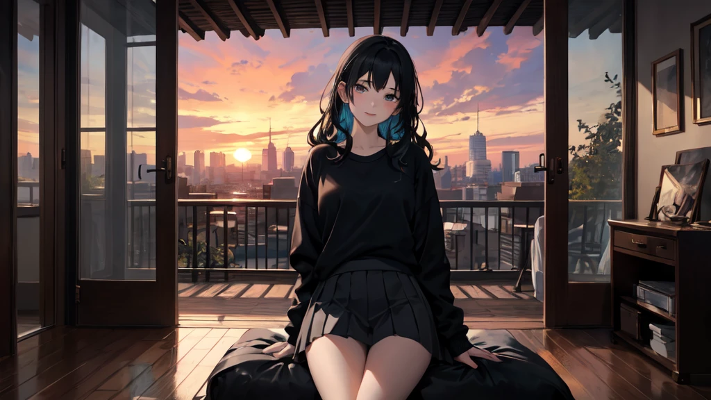 The painting is a masterpiece of art, with a level of quality that is unparalleled. It is a work of absurdity, yet it is executed with meticulous attention to detail in the background. The artist has created a scene that invites the viewer to engage with the central figure.
The character is depicted in the open air, sitting in a cityscape during a sunset. Their upper body is exposed, revealing a sense of vulnerability and intimacy. The figure's small breasts are delicately rendered, their skin glistening with a sheen that adds to the overall sense of vitality. The skin tone is pale, creating a contrast with the vibrant hues of the sunset.
Their hair is long and wavy, framing their face in a natural manner. The bangs add a touch of femininity, while the black hair is lustrous and healthy. The figure is bare-legged, wearing a sweatshirt that contrasts with the skirt they are wearing. A slight smile plays on their lips, adding a touch of mystery and allure.
