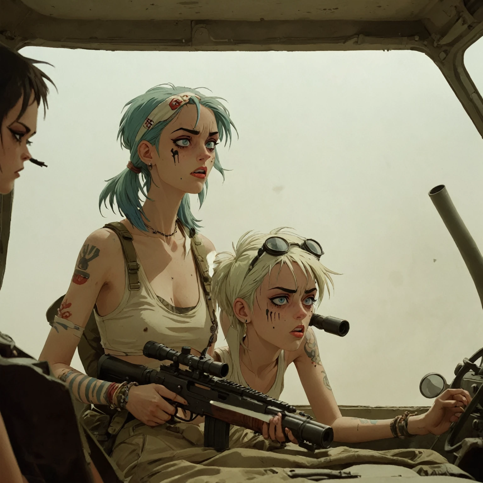 heat, haze, mirage, refraction, hallucination, apparition, unsettling, overwhelming, tank girl, film screengrab, minimal, serene, perfect, strange, candid, cinematic, tank girl with sniper rifle, realism, photographed, timeless, blank canvas, nuanced, clearly cartoon distinct tank girl style aesthetics,